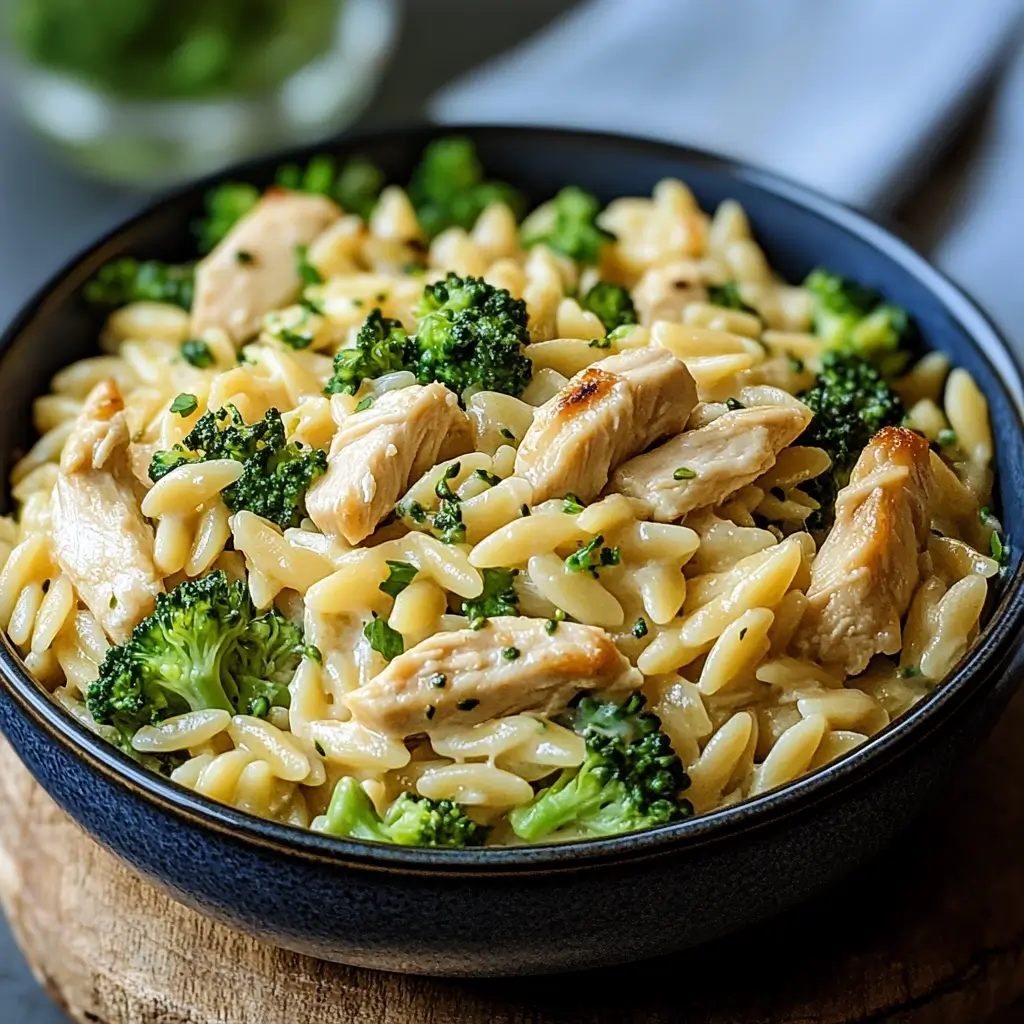 Cheesy Chicken Broccoli Orzo in a bowl on rustic table