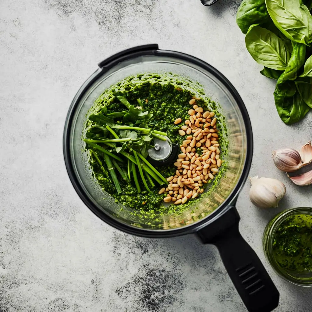 Garlic Scape Pesto: A Bold Summer Twist on a Classic Favorite 2 Preparing garlic scape pesto in a bright kitchen