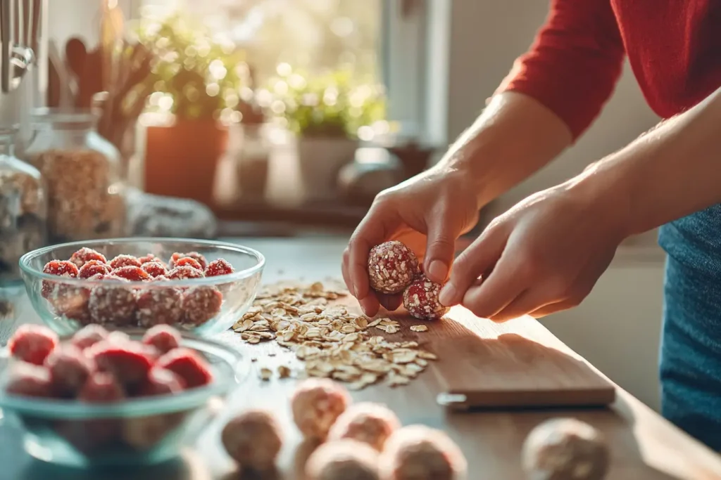 Strawberry Crunch Energy Balls – A Sweet, Nutritious Summer Treat 2 Hands mixing and rolling strawberry crunch energy ball dough