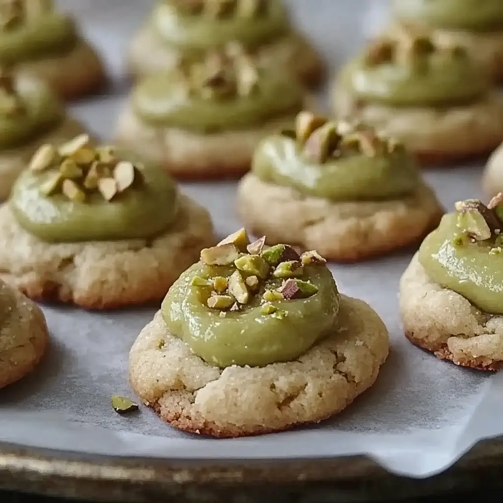 Pistachio Thumbprint Cookies on a summer table
