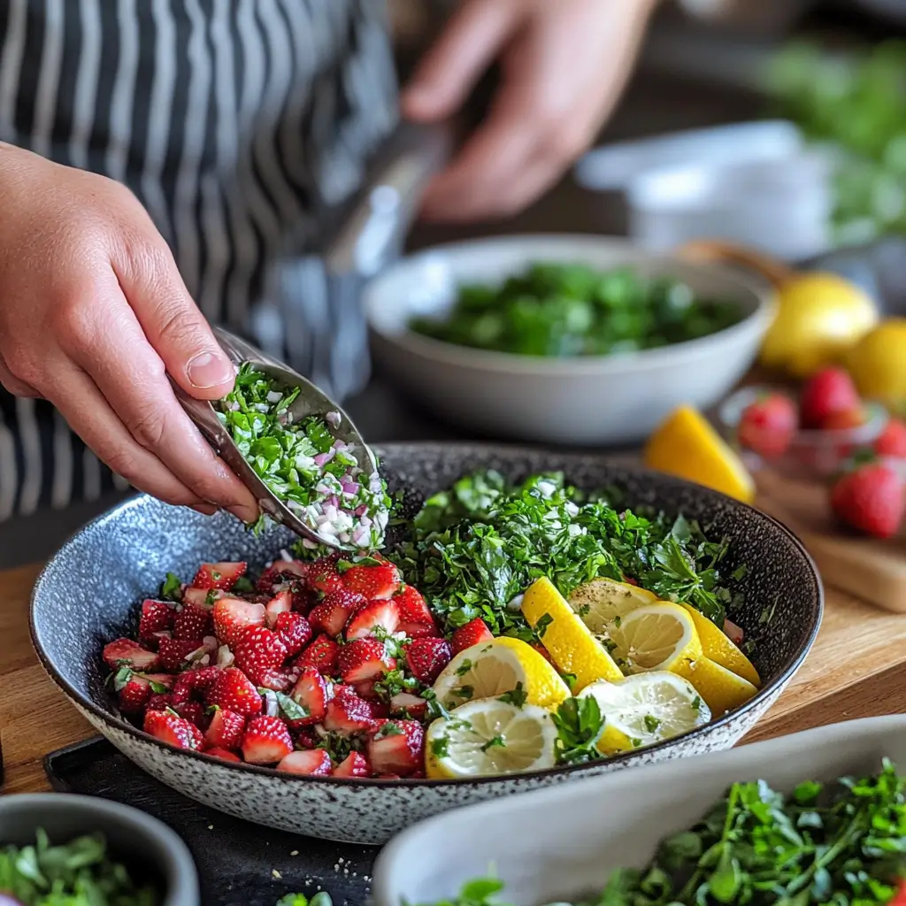 Berry Salad with Creamy Lemon Herb Dressing: A Summer Favorite 2 Chef preparing ingredients for berry salad