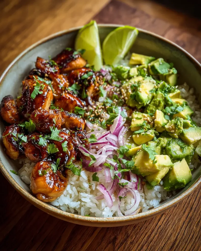Honey Lime Chicken & Avocado Rice Stack: Bold, Bright, and Easy 8 Served chicken and avocado rice bowl with sides
