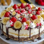 No-Bake Banana Split Cheesecake That Will Steal the Show 3 No-Bake Banana Split Cheesecake on a rustic table