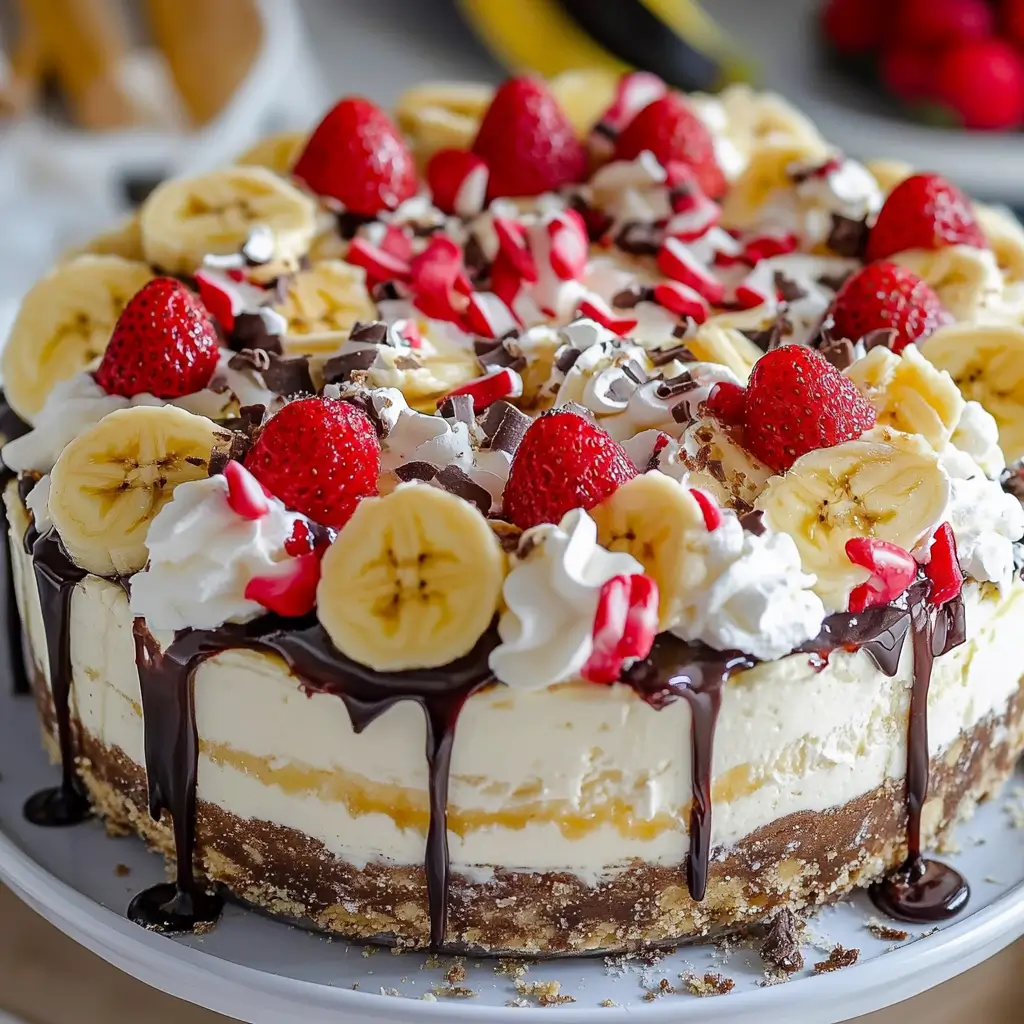 No-Bake Banana Split Cheesecake on a rustic table
