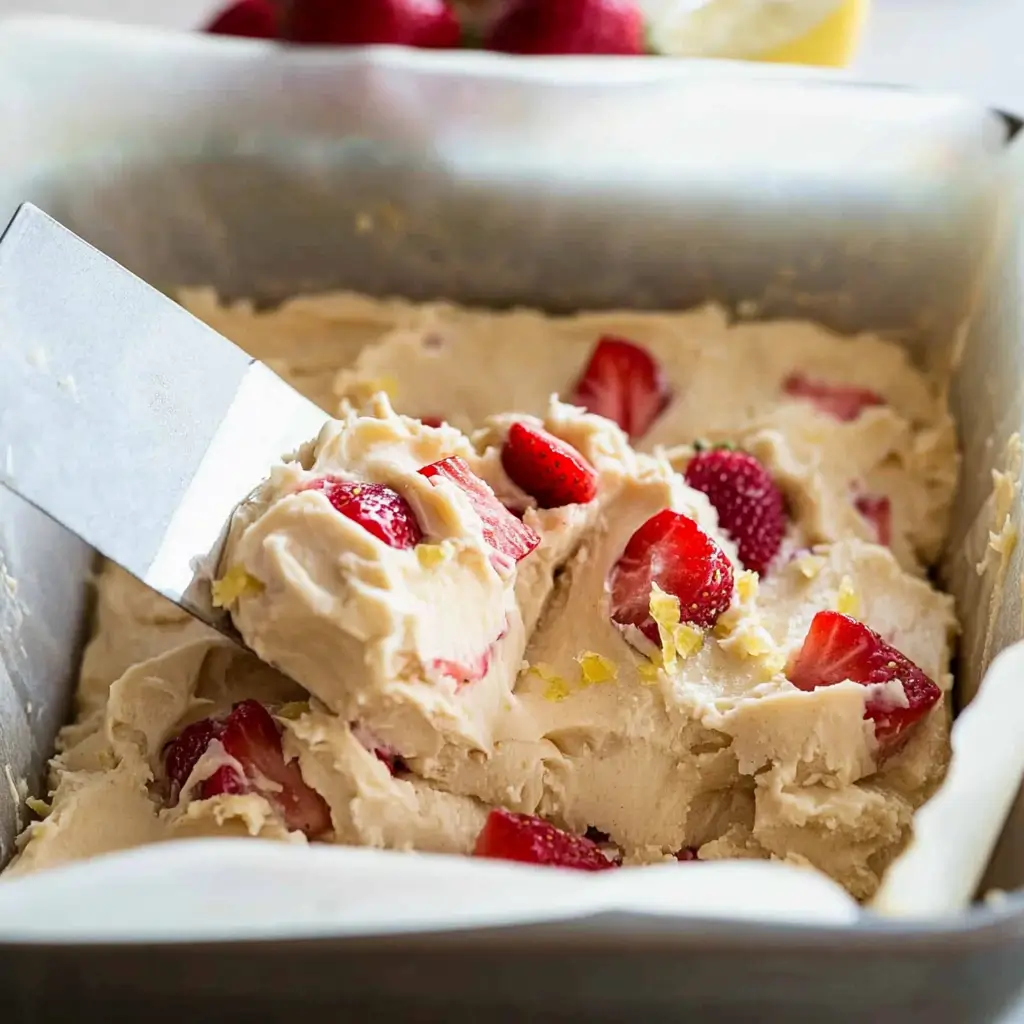 Strawberry Lemon Blondies That Stay Moist, Bright & Bursting with Flavor 3 Blondie batter with strawberries and lemon being poured into pan