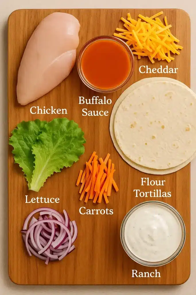 Buffalo Chicken Wraps That Hit Every Craving Just Right 4 Buffalo chicken wrap ingredients on cutting board