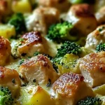 Chicken Potato Broccoli Casserole: Cozy Comfort in Every Bite 5 Chicken Potato Broccoli Casserole fresh from oven in white dish