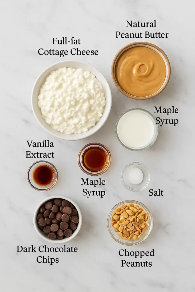 Cottage Cheese Peanut Butter Mousse: Creamy, Healthy, Irresistible 5 Ingredients for Cottage Cheese Peanut Butter Mousse laid out on marble