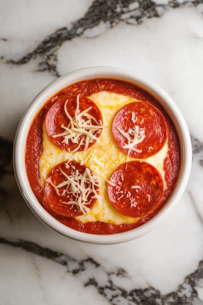 Cottage Cheese Pizza Bowls: A Cheesy Comfort Classic With a Protein Twist 10 Spoon scooping Cottage Cheese Pizza Bowl with cheese stretch