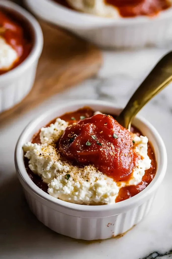 Cottage Cheese Pizza Bowls: A Cheesy Comfort Classic With a Protein Twist 8 Spoon marinara over cottage cheese in ramekin