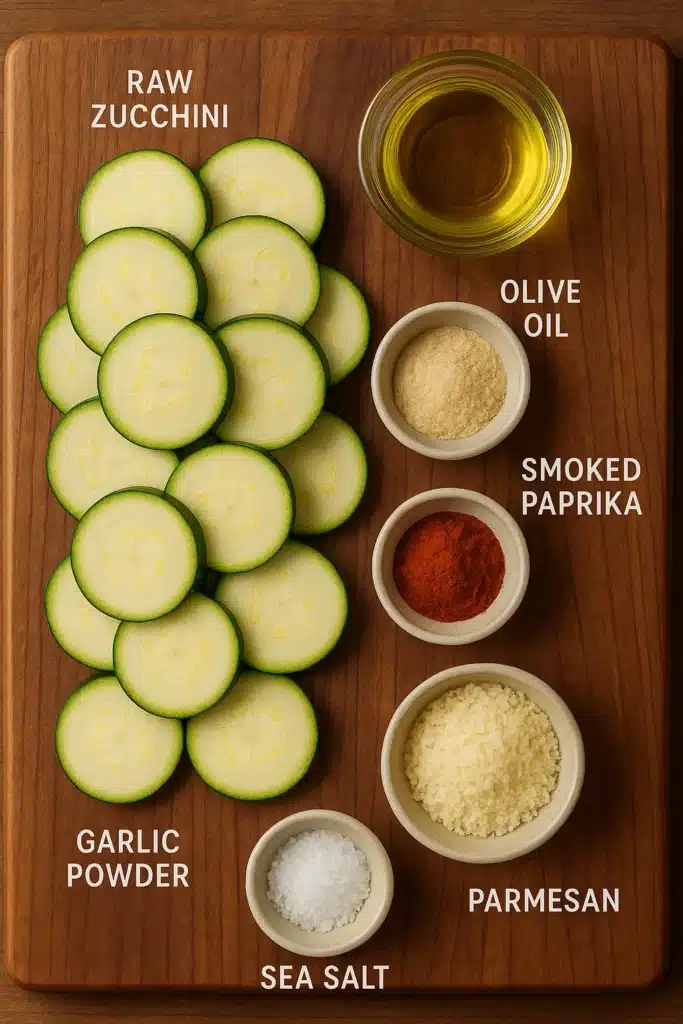 Crispy Zucchini Chips Recipe: Crunchy, Addictive, and Oven-Baked to Perfection 7 zucchini chips recipe ingredients layout