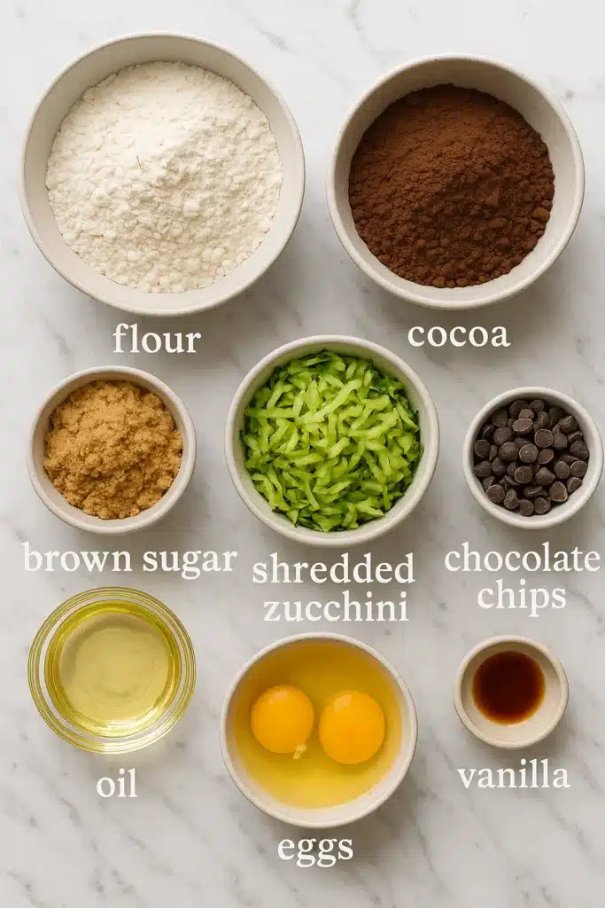 Double Chocolate Zucchini Bread That Actually Tastes Like Dessert 5 Ingredients for double chocolate zucchini bread measured and styled