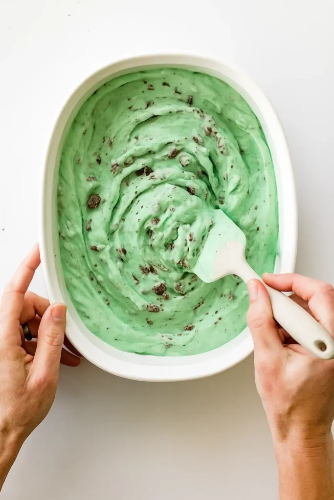 Easy Mint Chocolate Chip Cottage Cheese Ice Cream: Your New Summer Favorite 5 stirring chocolate chips into easy mint chocolate chip cottage cheese ice cream mixture