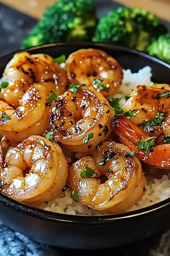 Served garlic shrimp bowl with rice and toppings