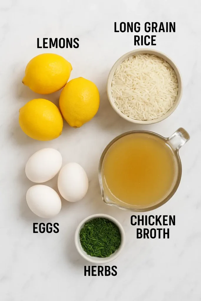 Greek Lemon Rice Soup: A Zesty Bowl of Comfort That Tastes Like Home 5 Ingredients for Greek Lemon Rice Soup on marble surface