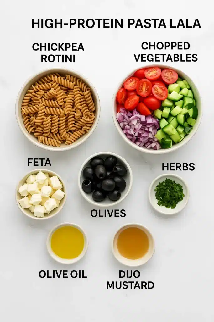High Protein Pasta Salad That Packs a Flavor Punch 7 high protein pasta salad ingredients display