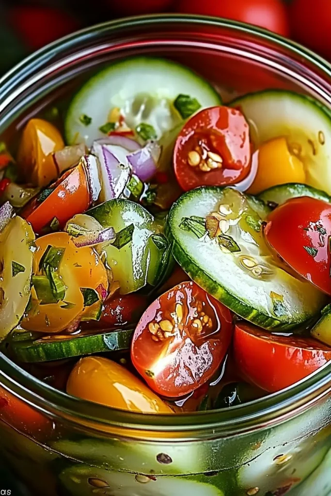 Marinated Cucumbers, Onions, and Tomatoes: A Fresh Flavor Burst for Every Season 4 Marinated cucumbers, onions, and tomatoes in bowl served