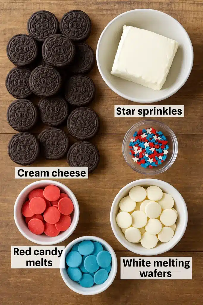 Patriotic Oreo Balls: A No-Bake Treat That Brings the Red, White, and Yum 5 Ingredients for Patriotic Oreo Balls on table