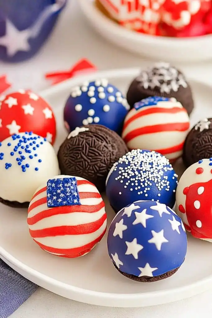 Patriotic Oreo Balls: A No-Bake Treat That Brings the Red, White, and Yum 6 Patriotic Oreo Balls on serving tray with flags