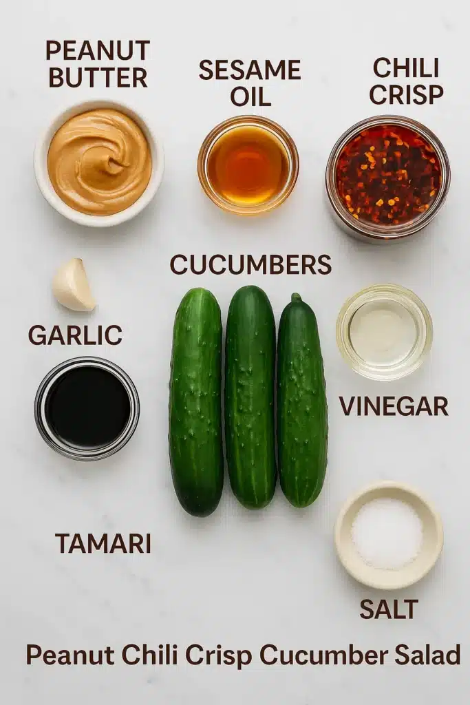 Peanut Chili Crisp Cucumber Salad That Packs a Punch 8 Ingredients for peanut chili crisp cucumber salad arranged on counter
