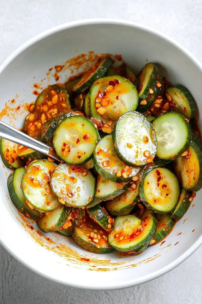 Peanut Chili Crisp Cucumber Salad That Packs a Punch 11 Cucumber rounds being coated in peanut chili dressing