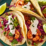 Shrimp Tacos That Hit Every Craving: Flavor-Packed, Fast, and Fuss-Free 6 Shrimp tacos on rustic table with creamy lime sauce