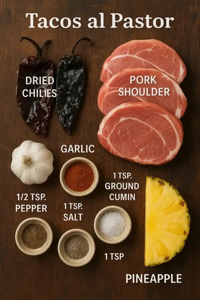 Tacos Al Pastor: A Juicy, Flavor-Packed Classic Worth Mastering 6 ingredients for tacos al pastor laid out