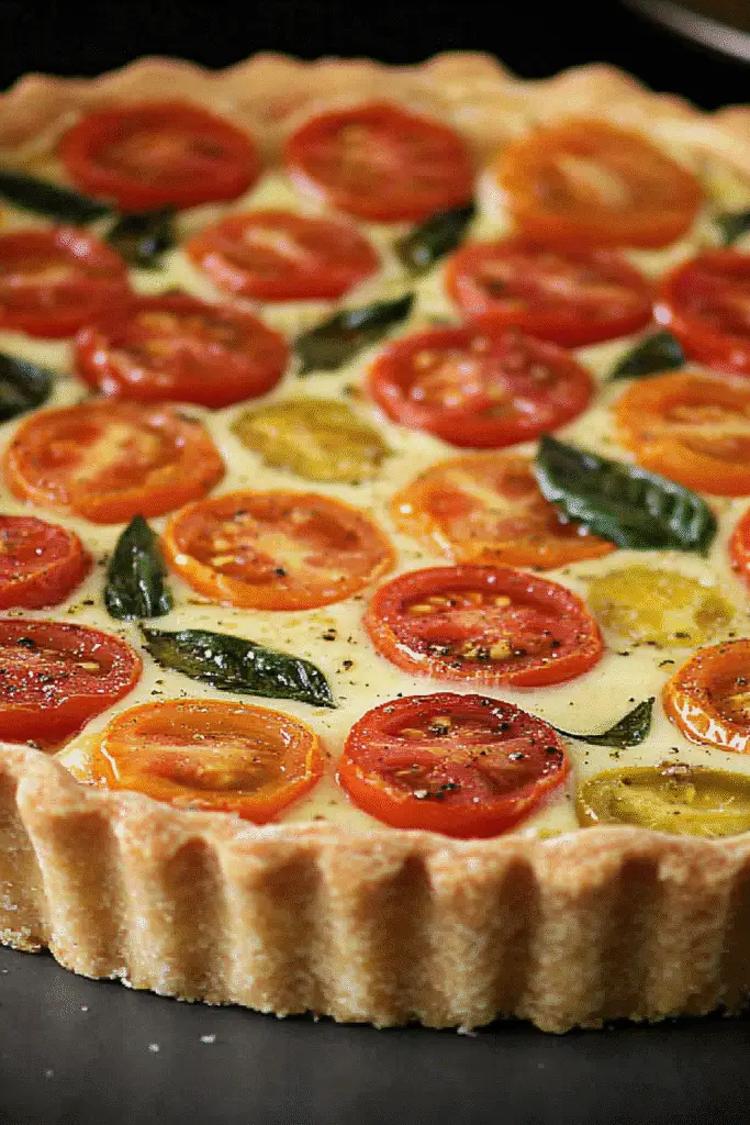 Tomato Mozzarella Basil Tart: A Fresh Summer Favorite with Bold Flavor 6 Served slices of Tomato Basil Tart with salad