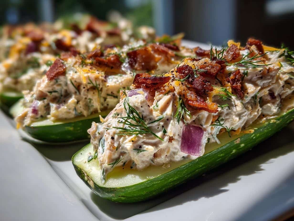 Irresistible Bacon Ranch Chicken Salad Cucumber Boats Recipe in 20 Min