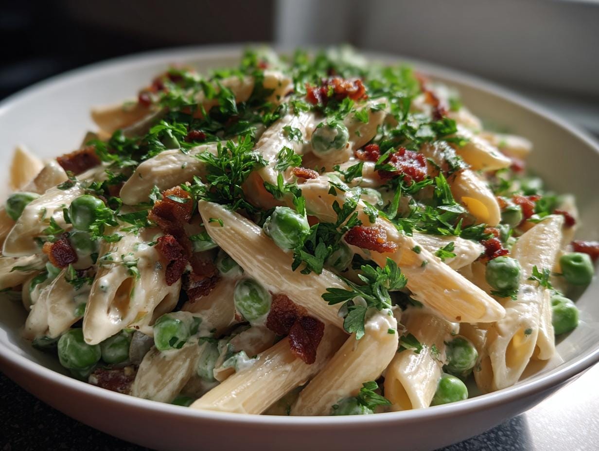 Creamy Pea and Bacon Pasta Salad in 25 Minutes – So Good!