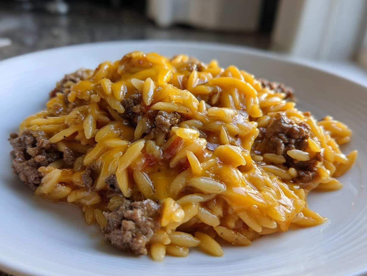 Savory One-Pot Cheeseburger Orzo Skillet in 30 Minutes!