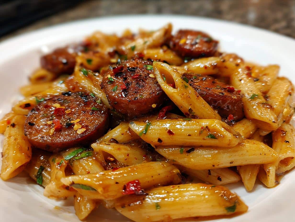 One-Skillet Spicy Honey BBQ Sausage & Pasta in 20 Minutes