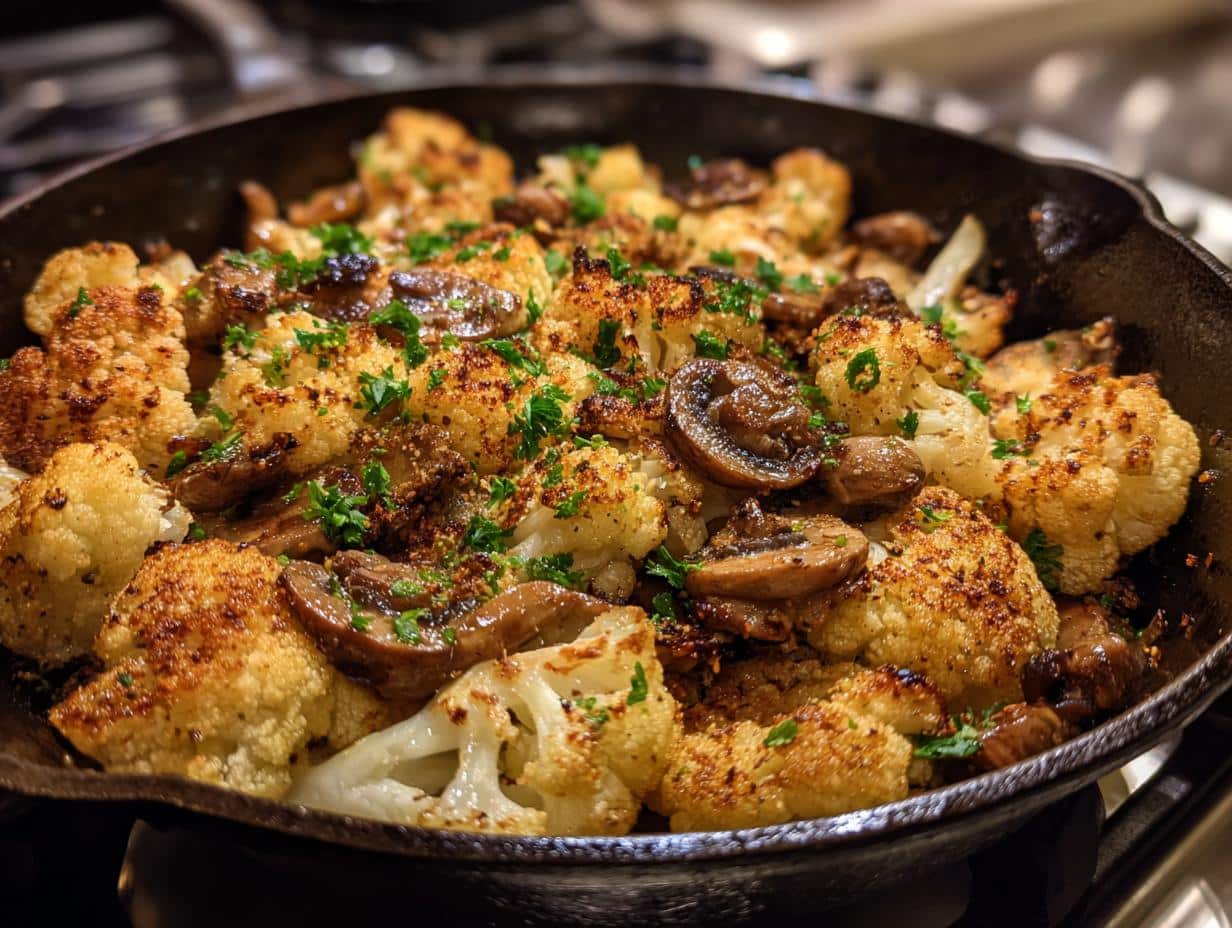 Savory Garlic Cauliflower and Mushroom Skillet Delight in Just 20 Minutes
