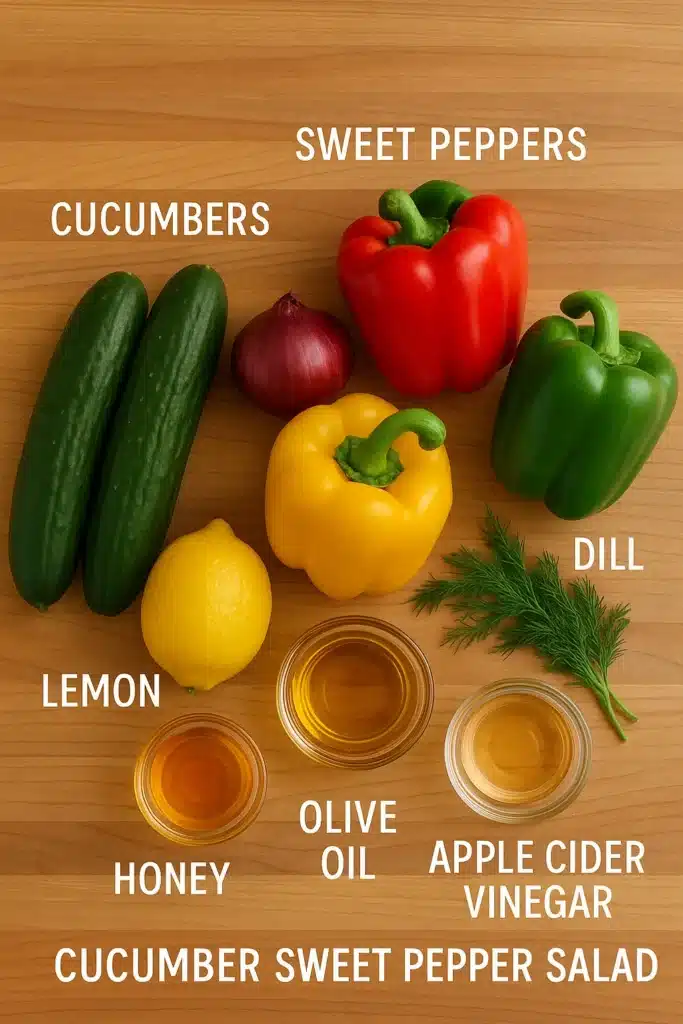 Cucumber Sweet Pepper Salad That Pops with Flavor and Color 5 Ingredients for cucumber sweet pepper salad laid out