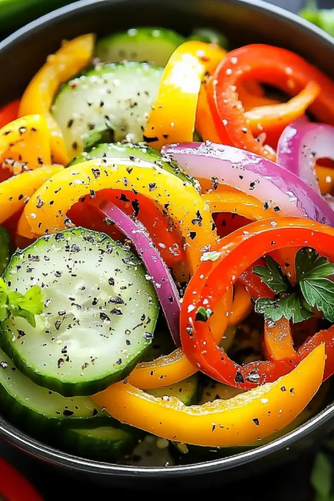 Cucumber Sweet Pepper Salad That Pops with Flavor and Color 6 Cucumber sweet pepper salad on brunch plate