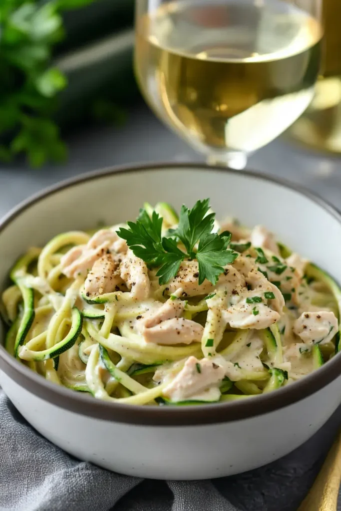 Zucchini Noodle Chicken Alfredo: A Low-Carb Comfort Classic 6 served zucchini noodle Alfredo dish