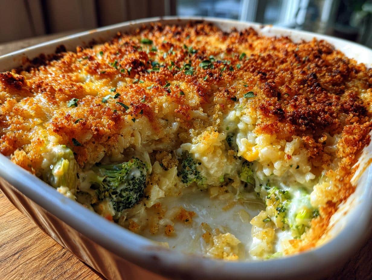 35-Minute Cheesy Broccoli Rice Casserole with Crispy Topping Magic
