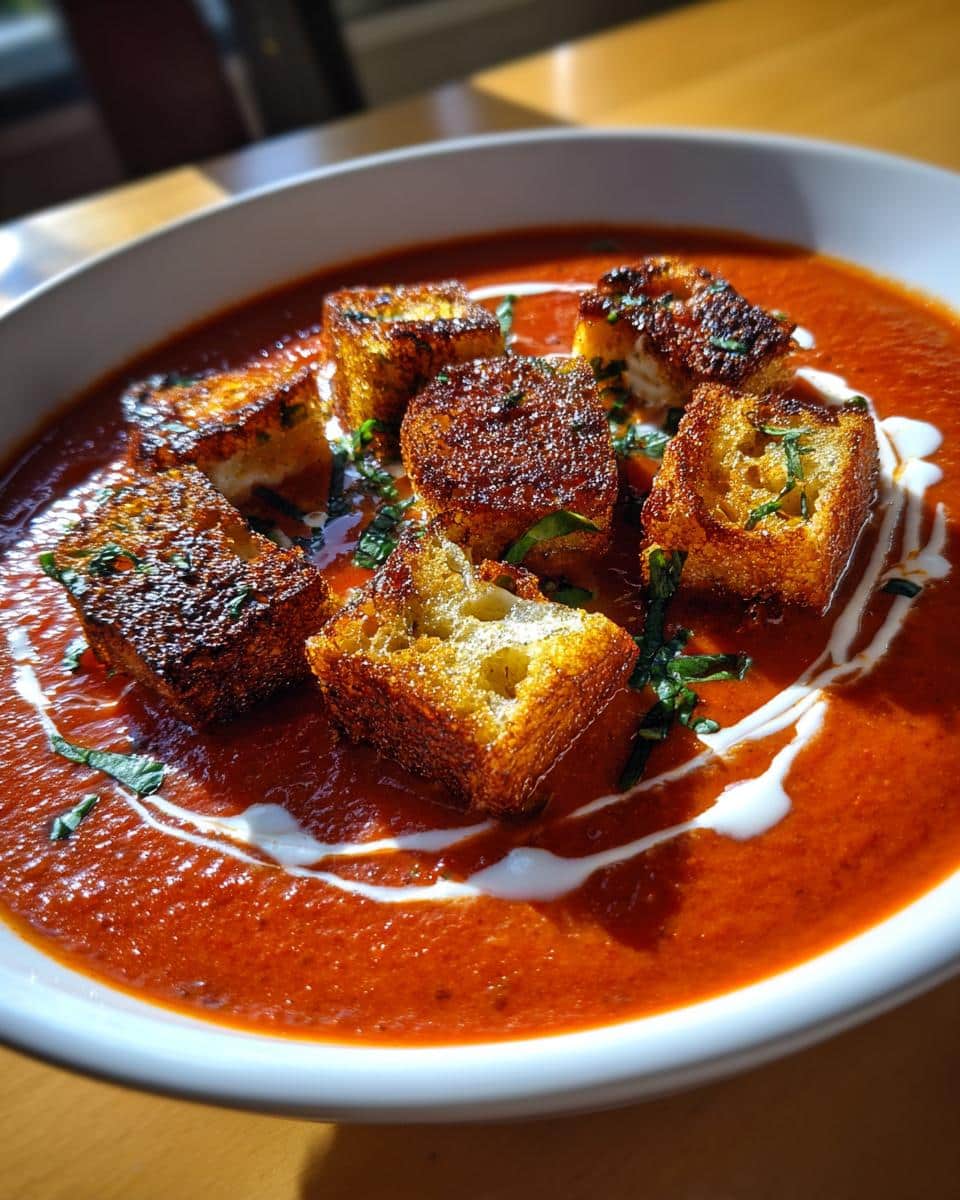 Creamy Roasted Tomato Basil Soup with Grilled Cheese Croutons Will Melt Your Heart 7 Creamy Roasted Tomato Basil Soup with Grilled Cheese Croutons - detail 2