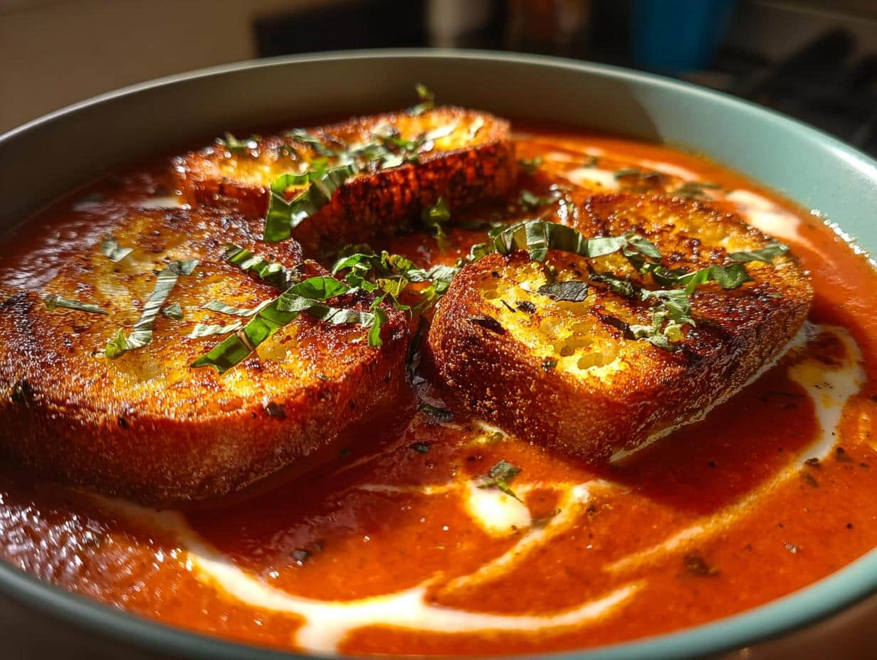 Creamy Roasted Tomato Basil Soup with Grilled Cheese Croutons Will Melt Your Heart