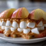 Monster Mouth Apple Slices Apple slices with peanut butter and mini marshmallows 15-Minute Monster Mouth Apple Slices That Kids Adore