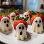 12 Spooky Strawberry Ghosts That Disappear Instantly 11 Strawberry Ghosts (White chocolate-dipped strawberries with ghost faces)