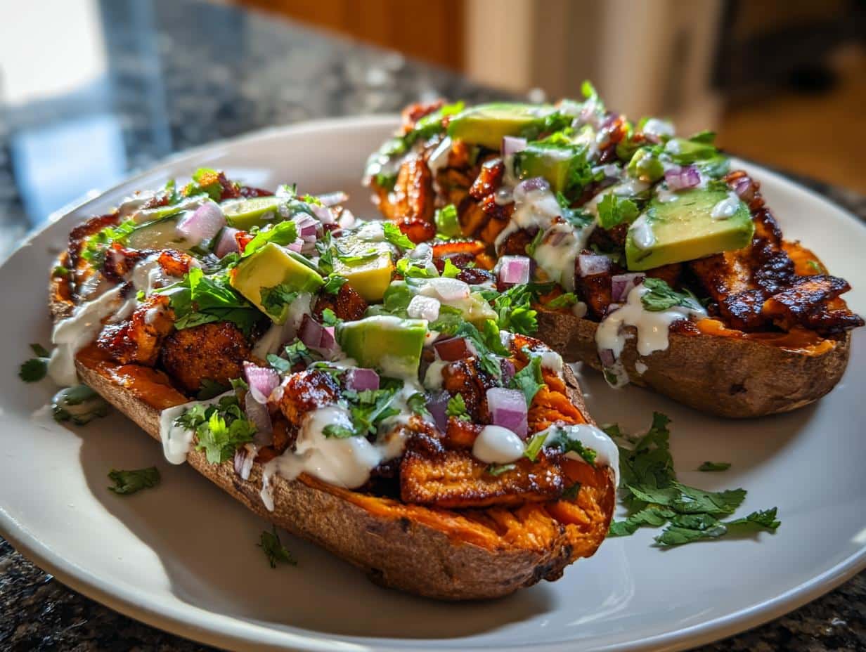Smoky Vegan Loaded Sweet Potatoes with BBQ Tempeh – 2 Ways!